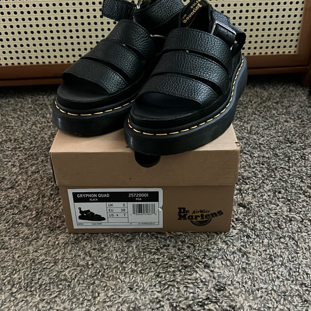 Dr. Martens Black Gryphon Quad Sandals with Yellow Accents